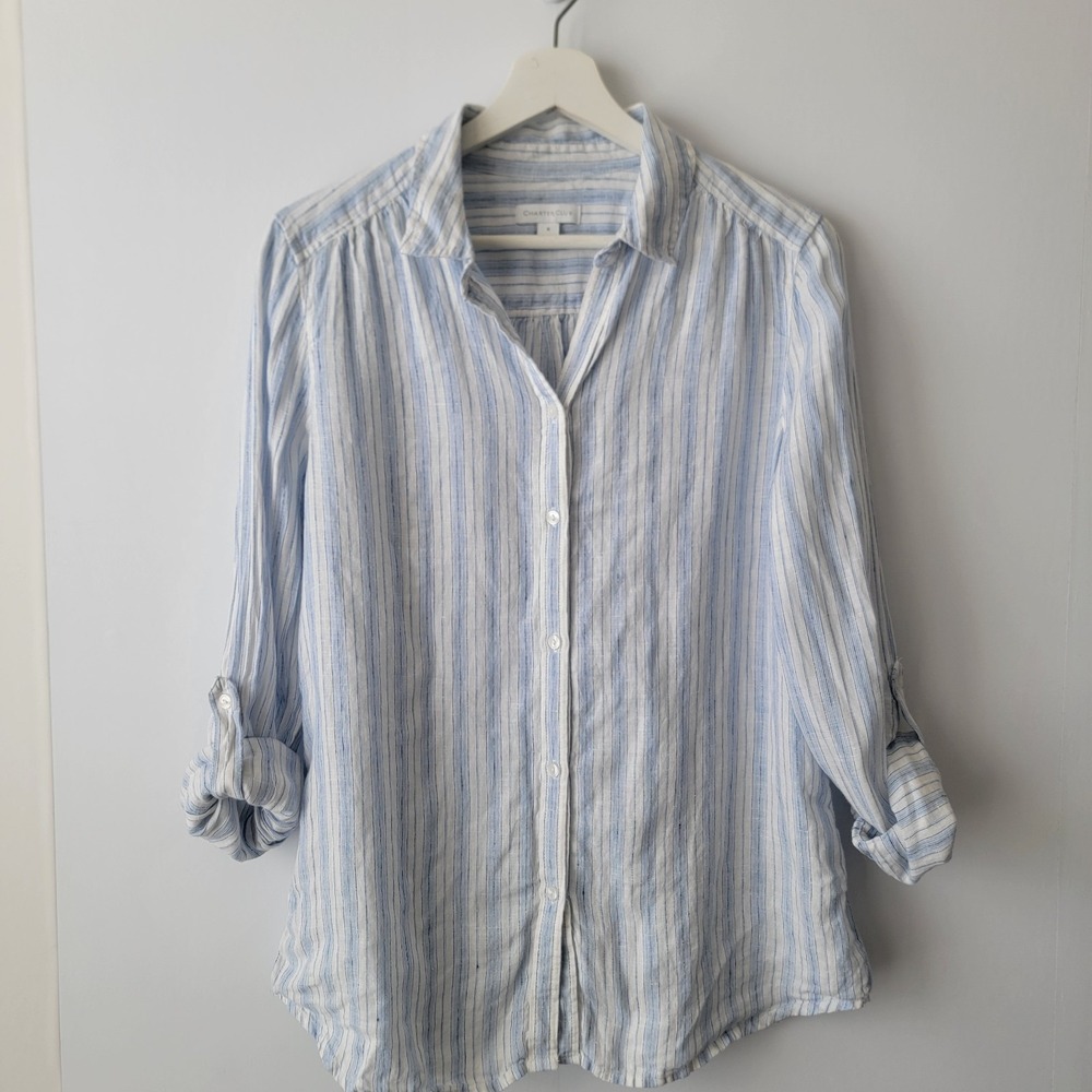 Charter club womens 100% linen striped button up top sz M roll-tab sleeve coastl